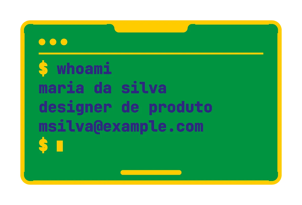 An alternate back for the Brasil card (Terminal, green, navy text): green, with a terminal window: "$ whoami", then maria da silva, designer de produto and msilva@example.com, in navy.