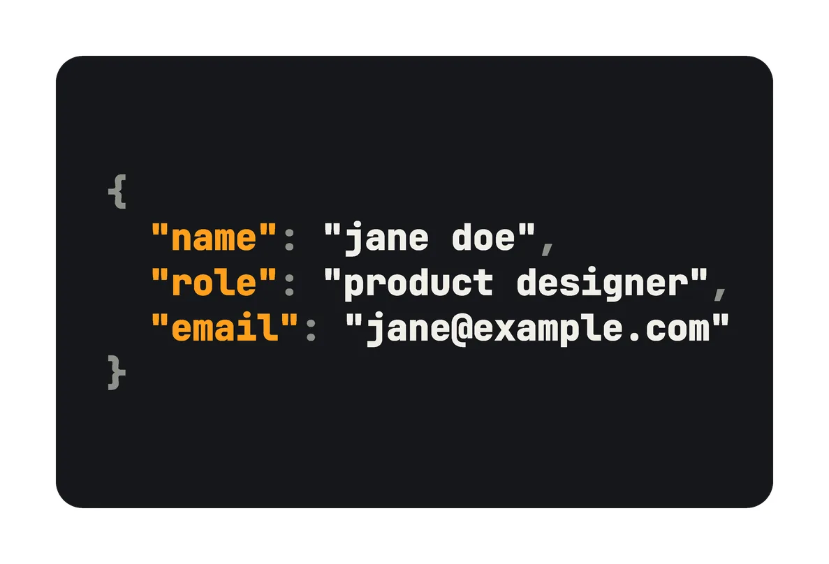 An alternate back for the Classic Dark card (Code): black, with a code block with Jane's details: { "name": "jane doe", "role": "product designer", "email": "jane@example.com" }, in white and orange.