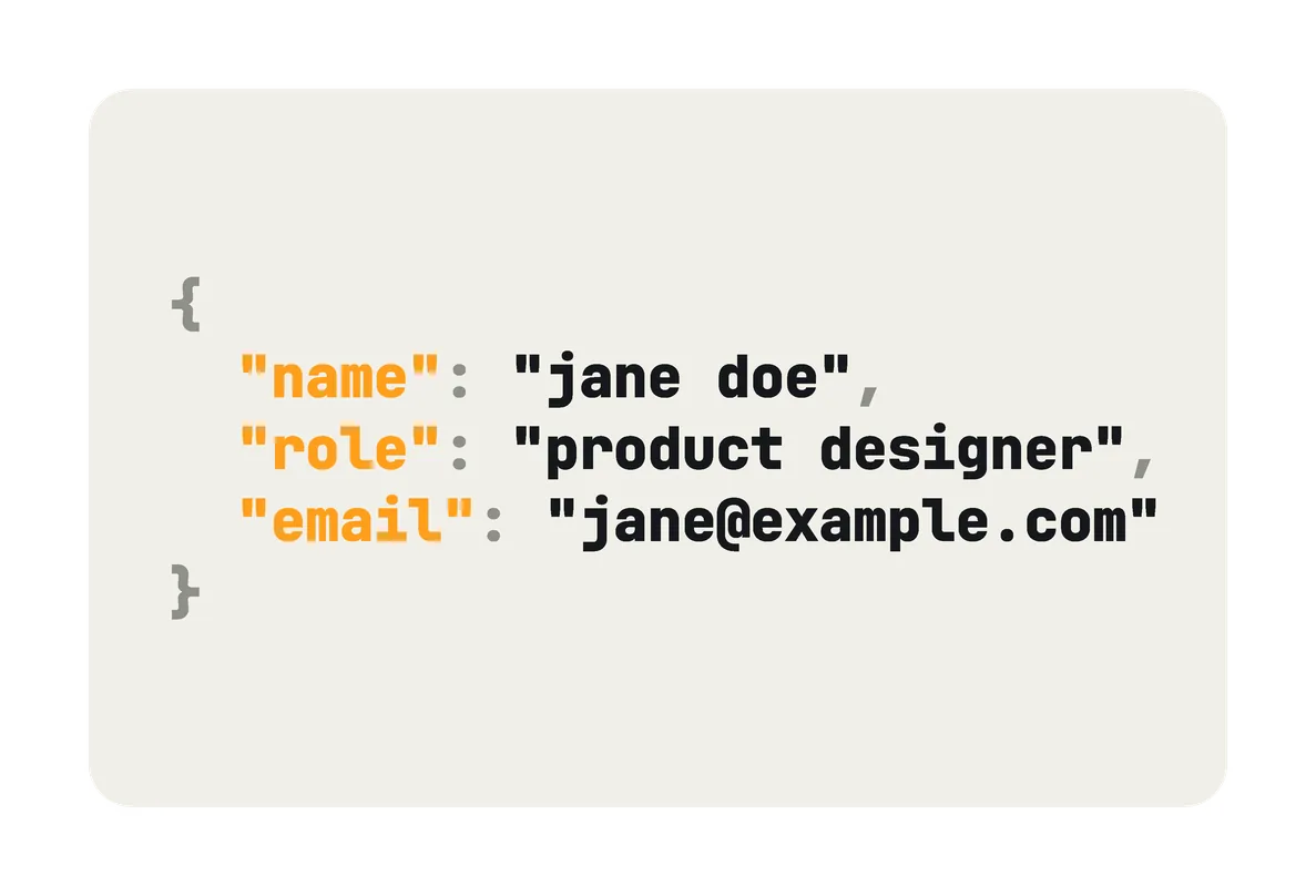 An alternate back for the Classic Light card (Code): off-white, with a code block with Jane's details: { "name": "jane doe", "role": "product designer", "email": "jane@example.com" }, in black and orange.