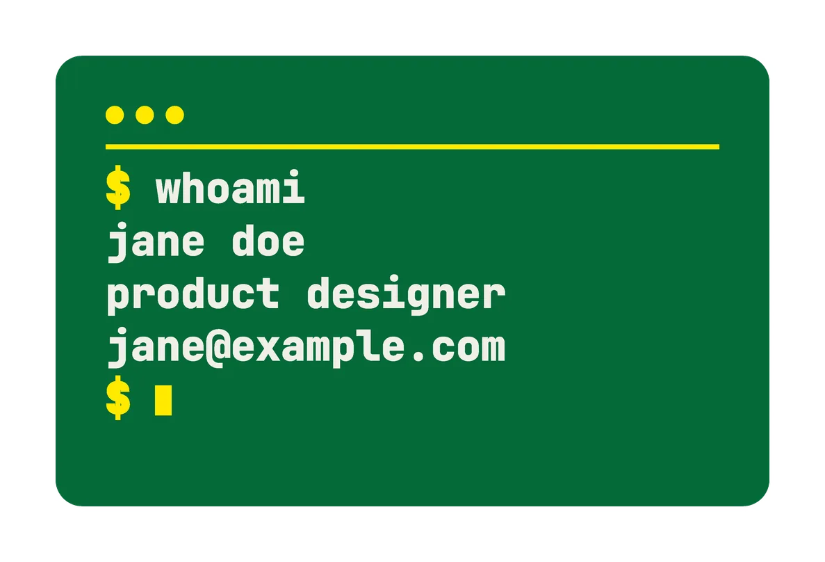 An alternate back for the Portugal card (Terminal, green): green, with a terminal window: "$ whoami", then jane doe, product designer and jane@example.com.