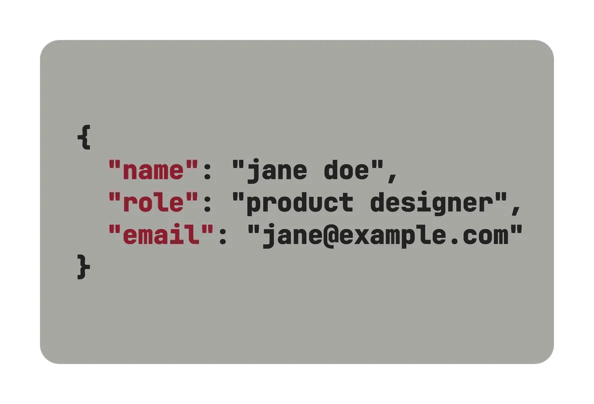 An alternate back for the Retro card (Code): gray, with a code block with Jane's details: { "name": "jane doe", "role": "product designer", "email": "jane@example.com" }, in dark gray and wine red.