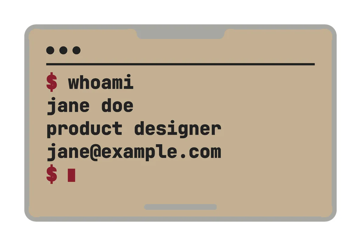 An alternate back for the Retro card ((b) khaki, black text): khaki, with a terminal window: "$ whoami", then jane doe, product designer and jane@example.com, in black.