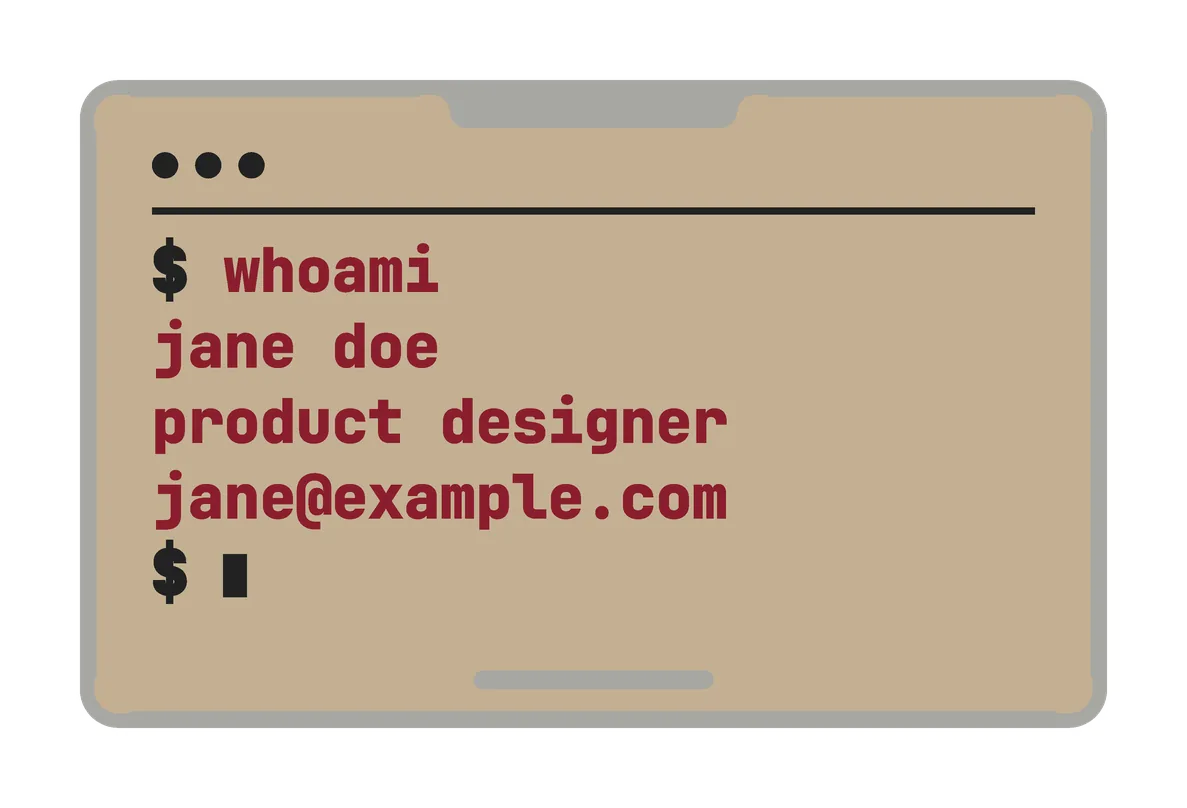 An alternate back for the Retro card ((b) khaki, red text): khaki, with a terminal window: "$ whoami", then jane doe, product designer and jane@example.com, in wine red.