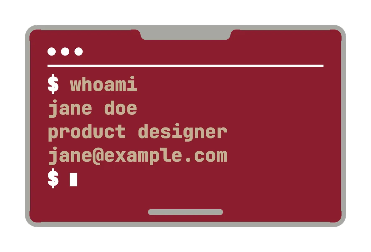 An alternate back for the Retro card ((a) wine, khaki text): wine red, with a terminal window: "$ whoami", then jane doe, product designer and jane@example.com, in khaki.