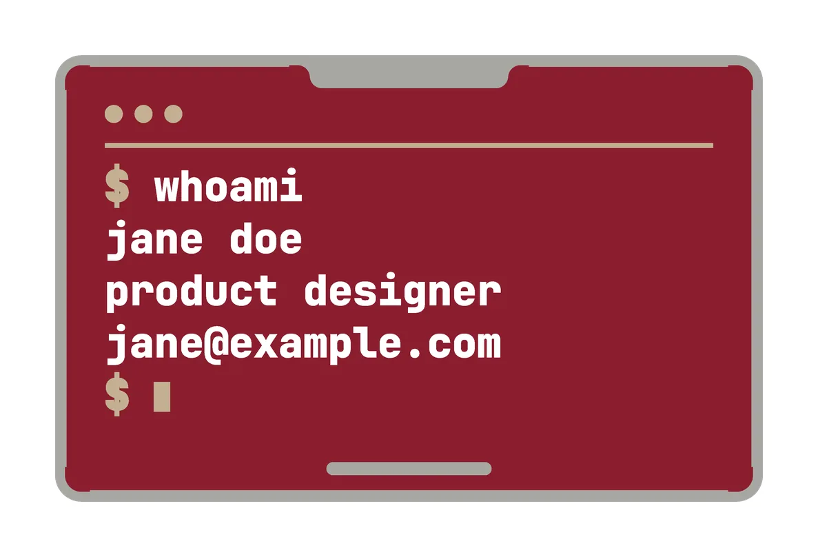An alternate back for the Retro card ((a) wine, white text): wine red, with a terminal window: "$ whoami", then jane doe, product designer and jane@example.com, in white.