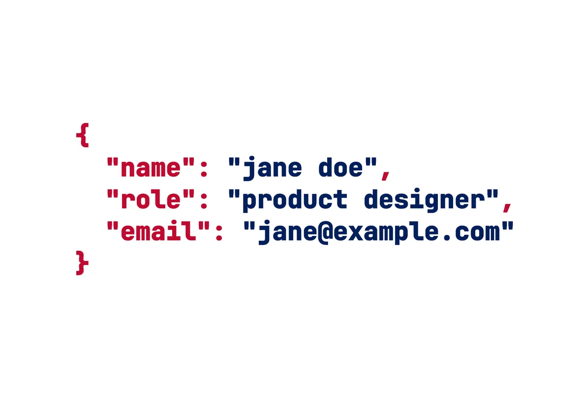 An alternate back for the USA Light card (Code, white): white, with a code block with Jane's details: { "name": "jane doe", "role": "product designer", "email": "jane@example.com" }, in navy and red.