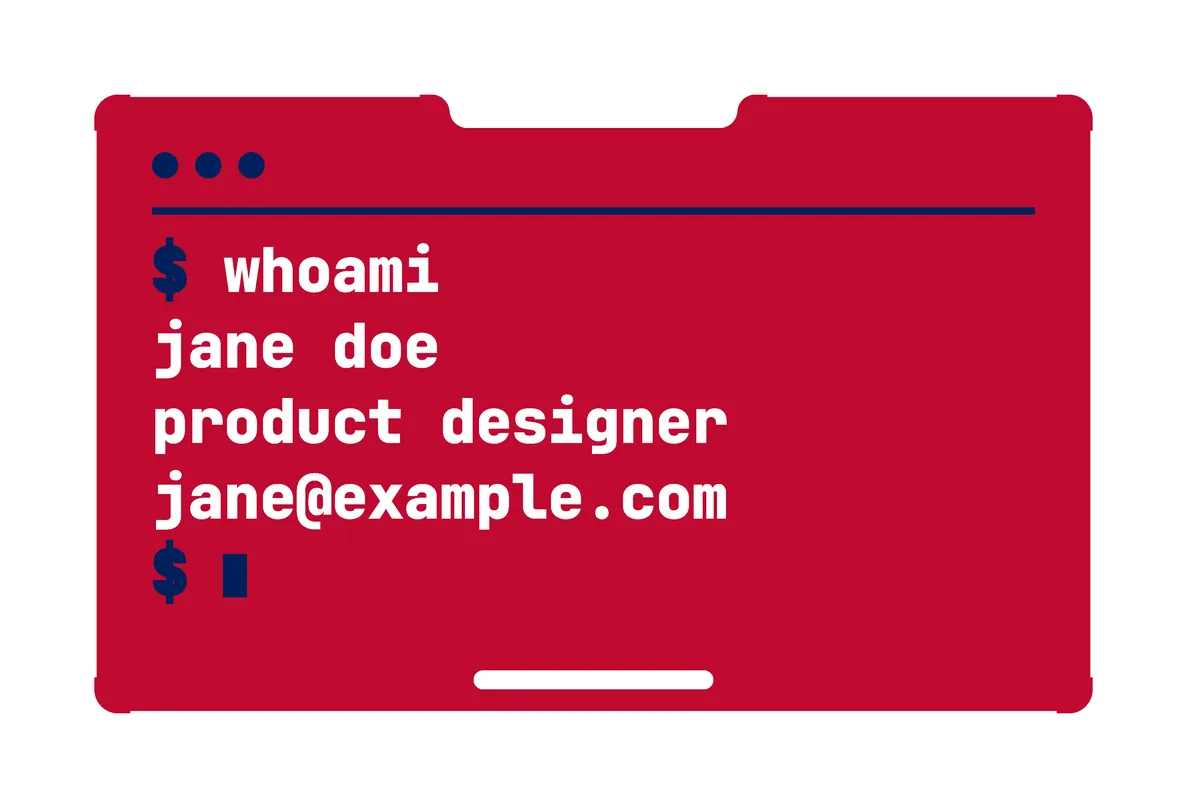 An alternate back for the USA Light card (Terminal, red): red, with a terminal window: "$ whoami", then jane doe, product designer and jane@example.com.