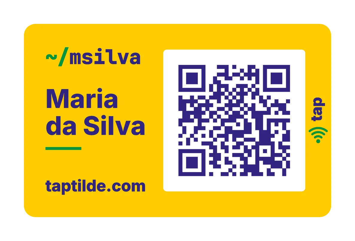 The Brasil card's front: yellow, with navy text, a green ~/ and underline, a navy QR code on a white field. Maria da Silva is a made-up example.