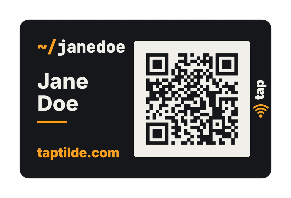 The Classic Dark card's front: black, with ~/janedoe, Jane Doe, taptilde.com in orange and a QR code on a white field. Jane Doe is a made-up example.