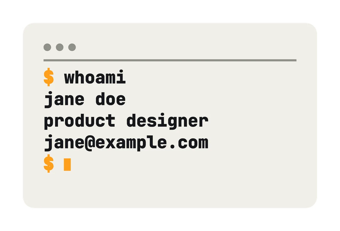 The Classic Light card's back: off-white, with a terminal window: "$ whoami", then jane doe, product designer and jane@example.com, in black and orange.