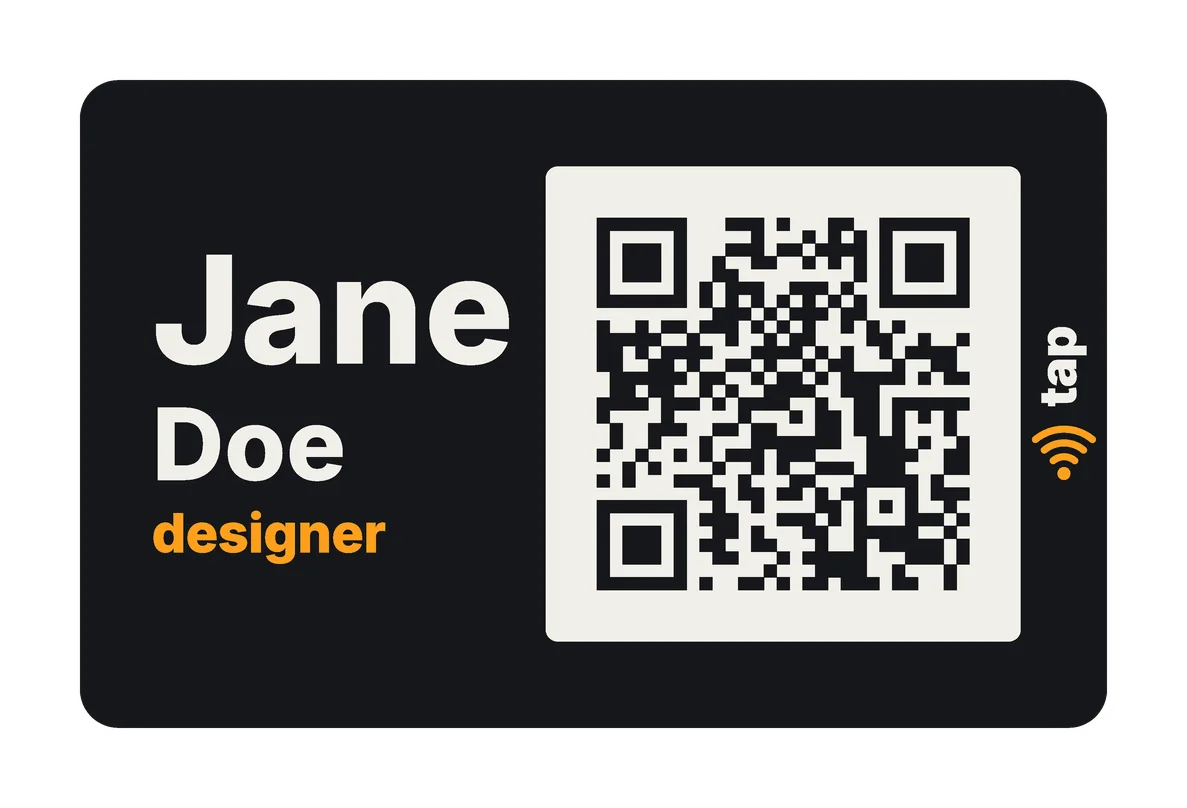 The Badge front style on a Classic Dark card: the first name large, then the last name and the role, and the QR code.