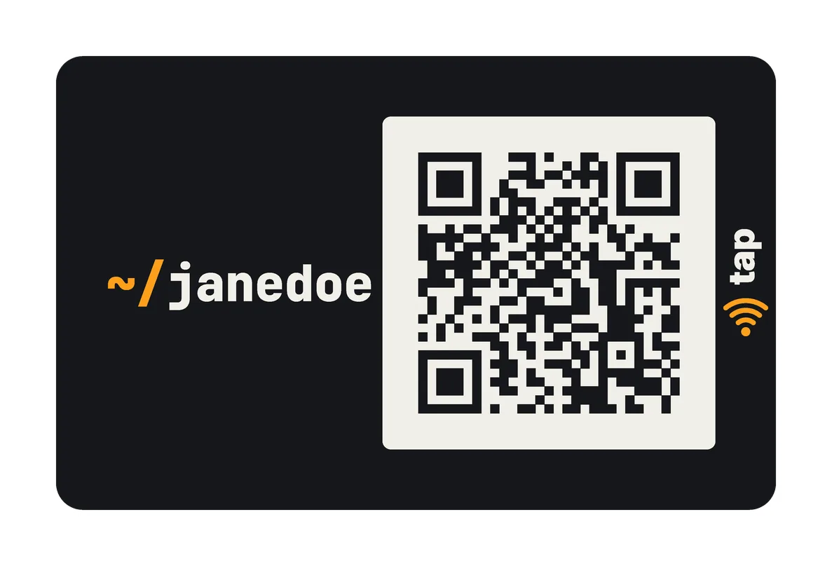 The Handle front style on a Classic Dark card: the ~/janedoe handle, large, and the QR code.