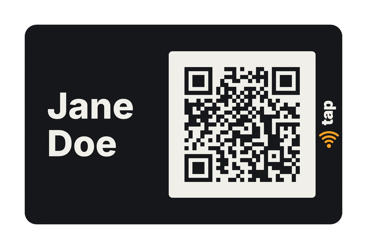 The Minimal front style on a Classic Dark card: the name, larger, and the QR code.