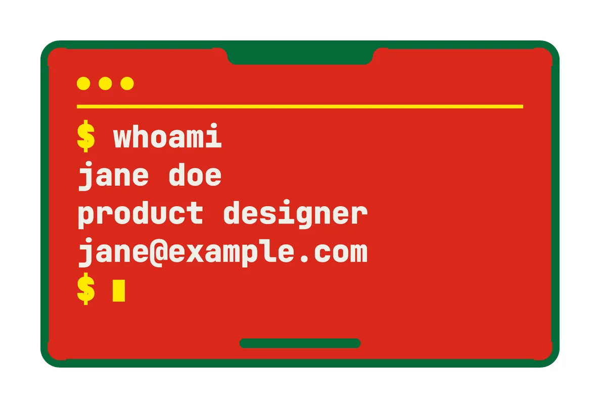 The Portugal card's back: red, with a terminal window: "$ whoami", then jane doe, product designer and jane@example.com, in white and yellow.