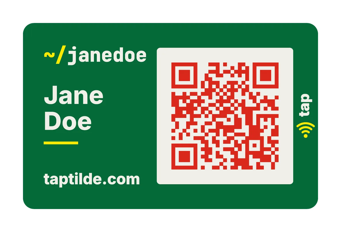 The Portugal card's front: green, with white text, a yellow ~/ and underline, a red QR code on a white field. Jane Doe is a made-up example.