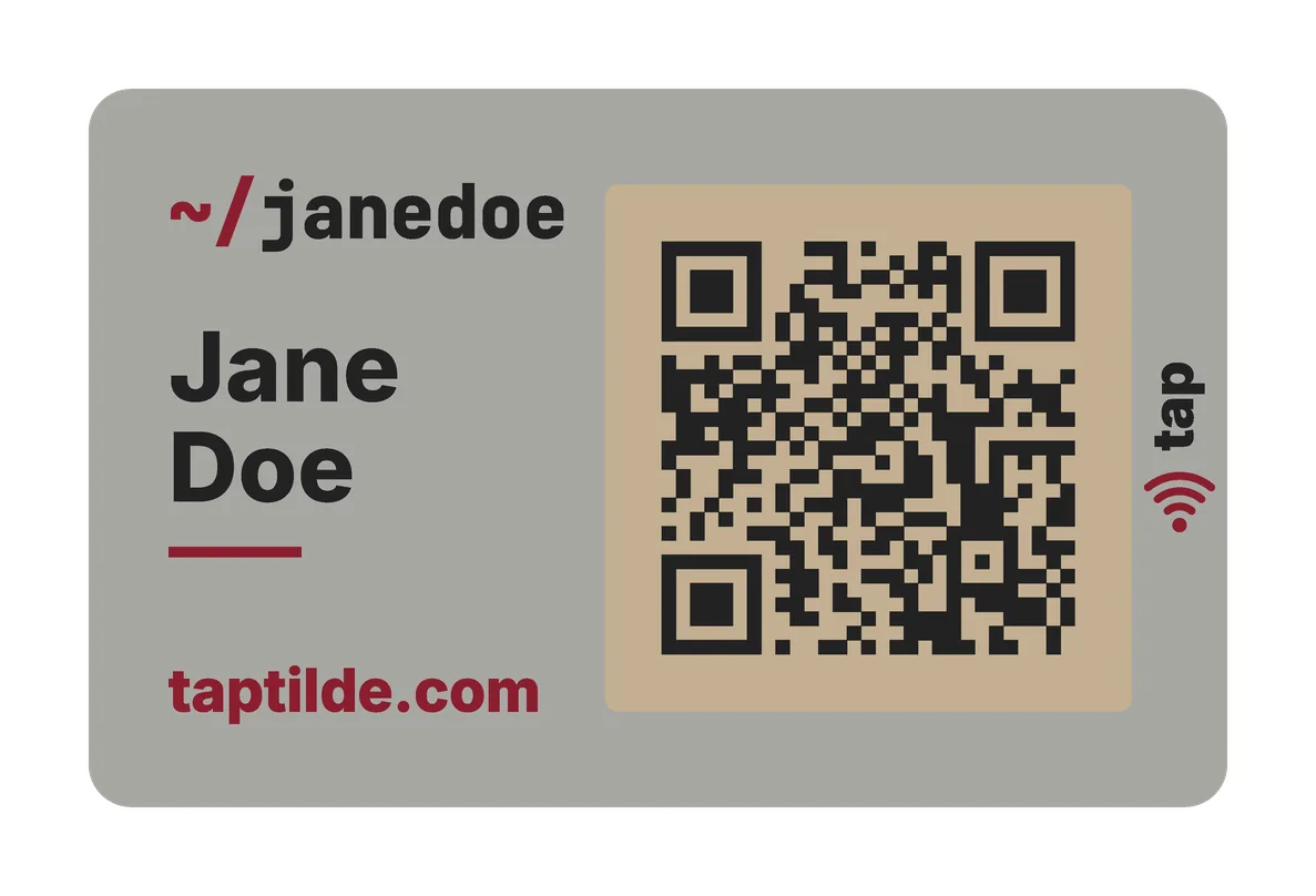 The Retro card's front: gray, with dark text, a wine-red underline and taptilde.com, the QR code on a khaki field. Jane Doe is a made-up example.