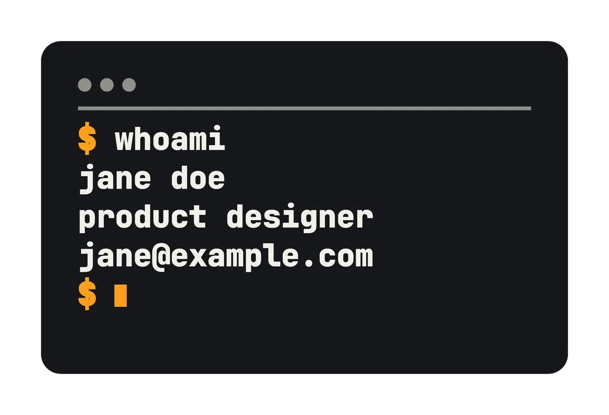 The Black solid card's back: black, with a terminal window: "$ whoami", then jane doe, product designer and jane@example.com, in white and orange.
