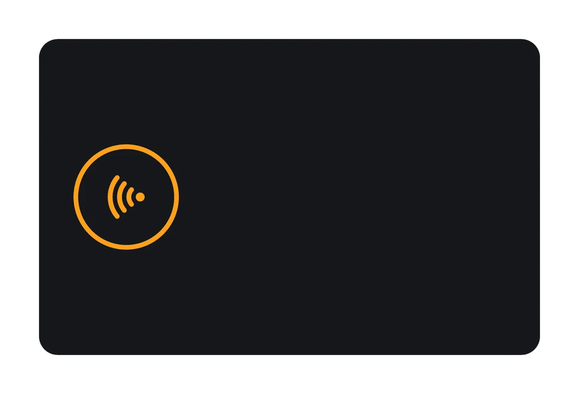 The Dark tap card card's back: black, with an orange ring of tap waves where the NFC sticker sits.