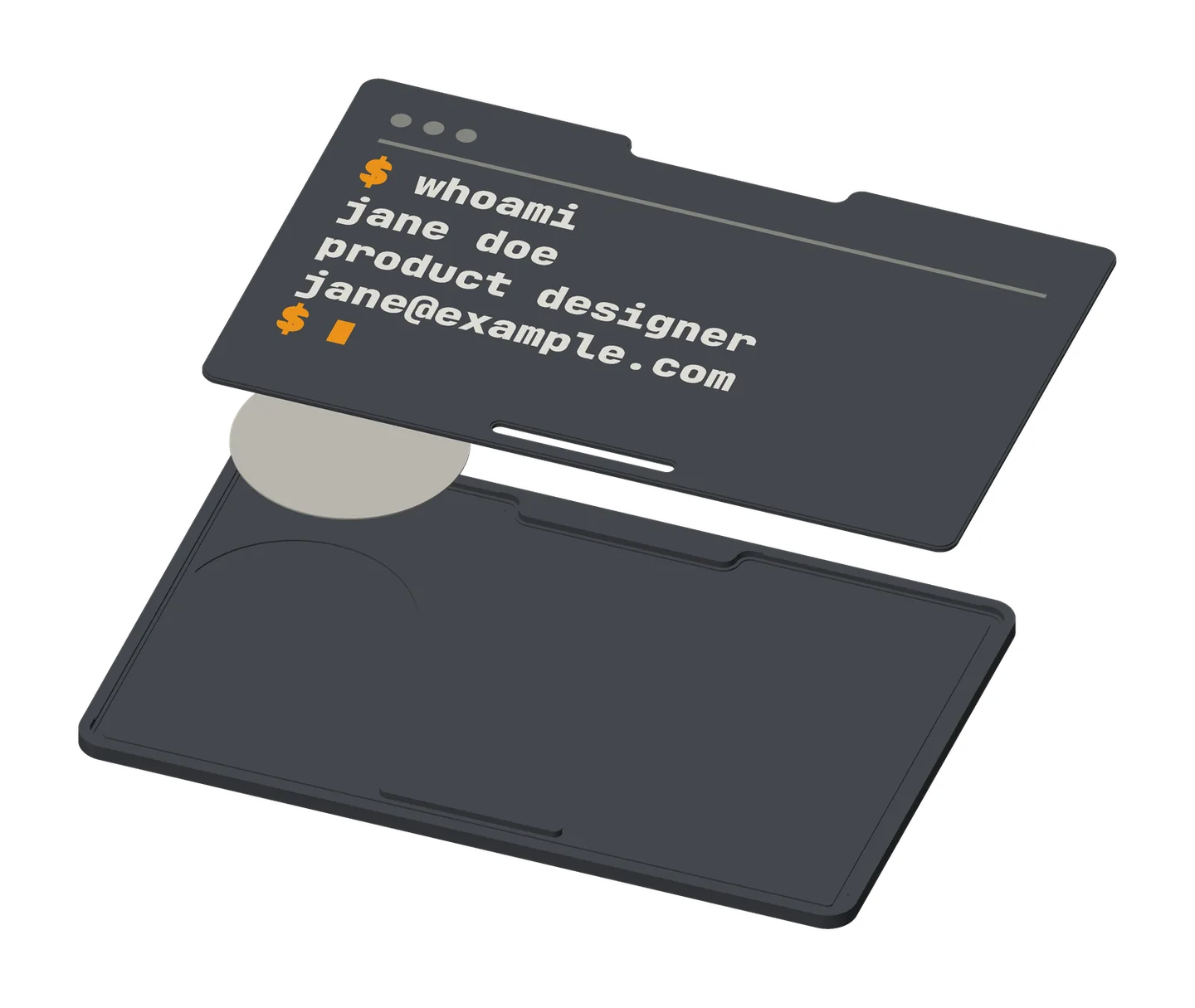 The two-piece Classic Dark card taken apart, back up: the back piece lifted off, the round NFC sticker, and the front piece, a shallow tray with the sticker's pocket. The back piece presses in and snaps past a lip on the rim; glued, it's permanent. The black is drawn lighter here so the shapes show.