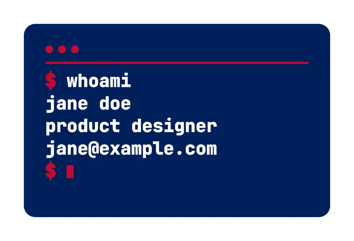The USA Dark card's back: navy, with a terminal window: "$ whoami", then jane doe, product designer and jane@example.com, in white and red.