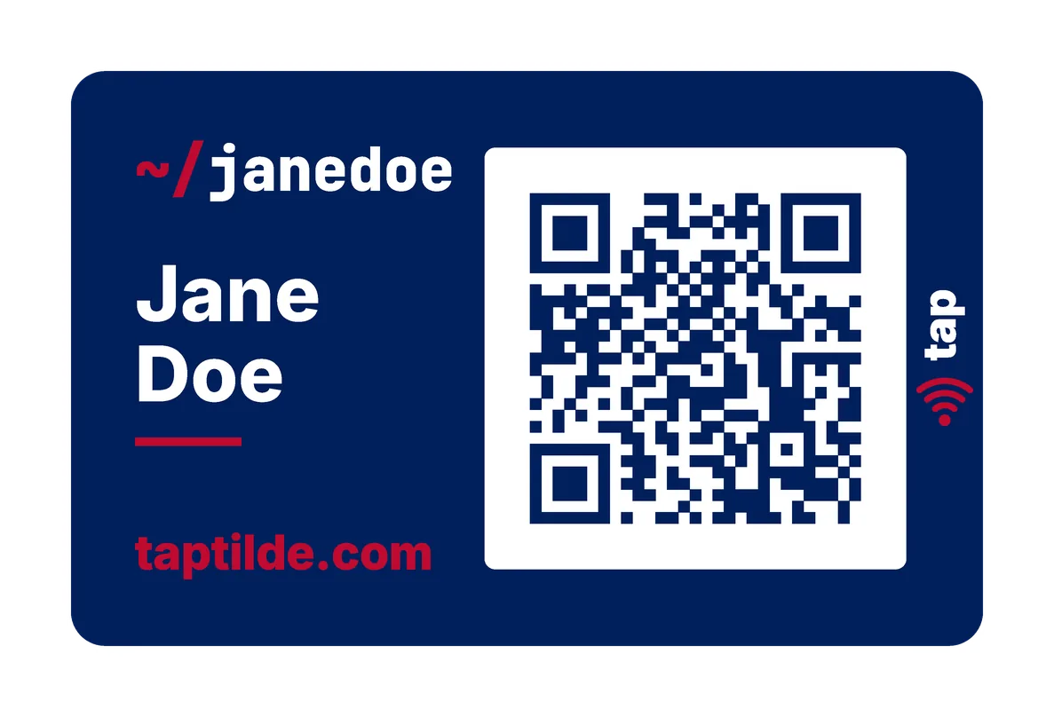 The USA Dark card's front: navy, with white text, a red ~/ and underline, the QR code on a white field. Jane Doe is a made-up example.