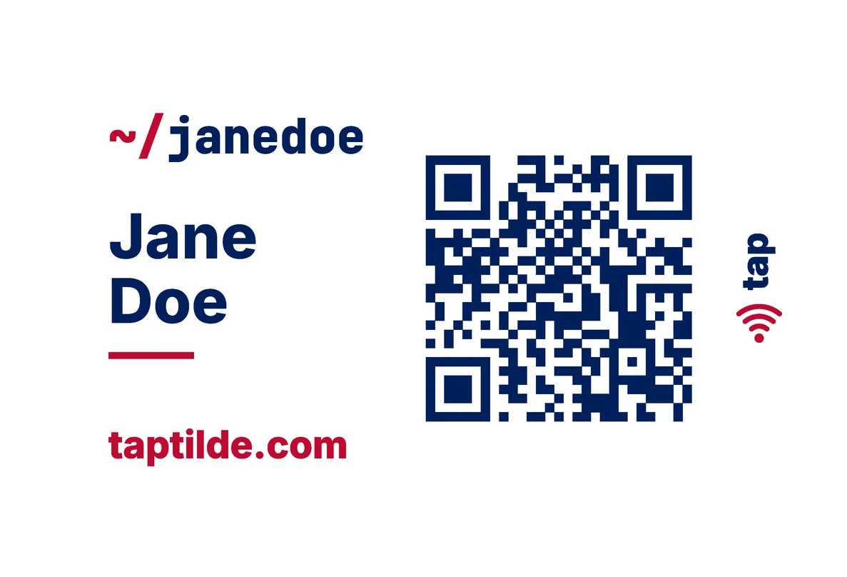 The USA Light card's front: white, with navy text, a red ~/ and underline, taptilde.com in red, a navy QR code. Jane Doe is a made-up example.