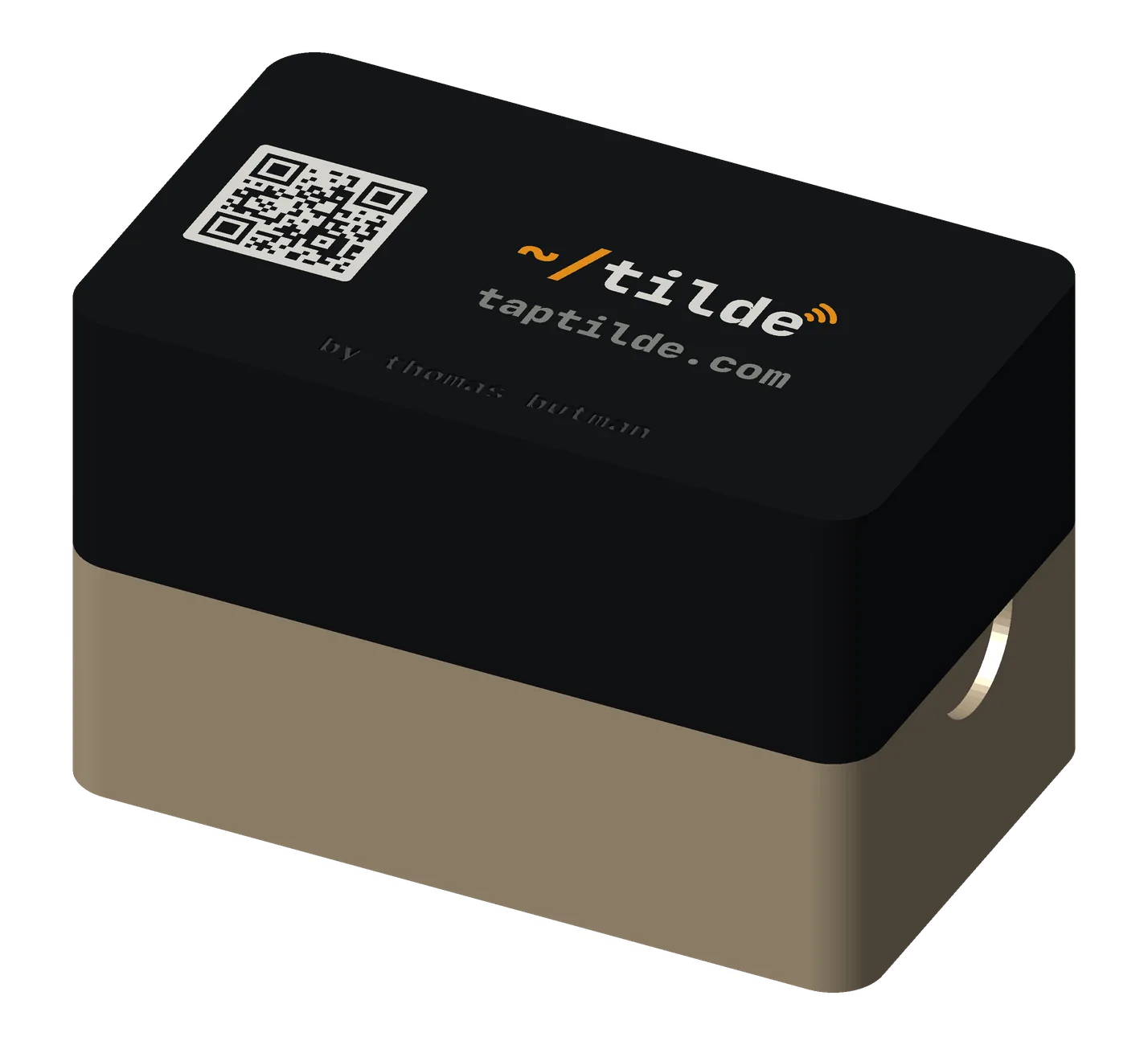 The cards-only box closed: a khaki base under a black lid with a QR code, the orange and white ~/tilde wordmark and taptilde.com.