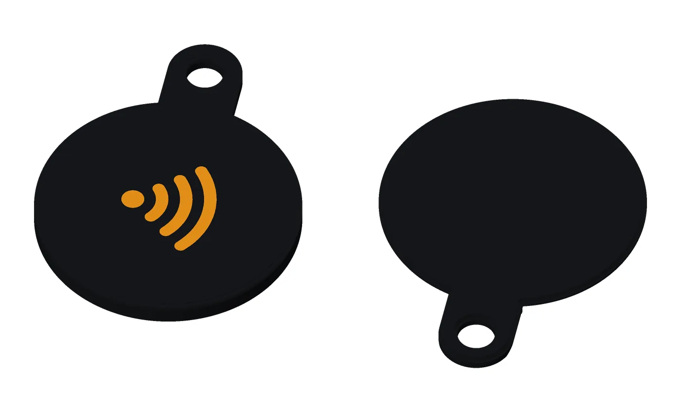 A base coin, orange on black: both pieces, the front and the back.