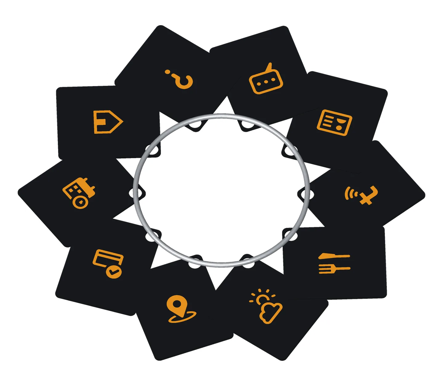 The demo ring: ten tags on a ring, each a different use, orange on black.