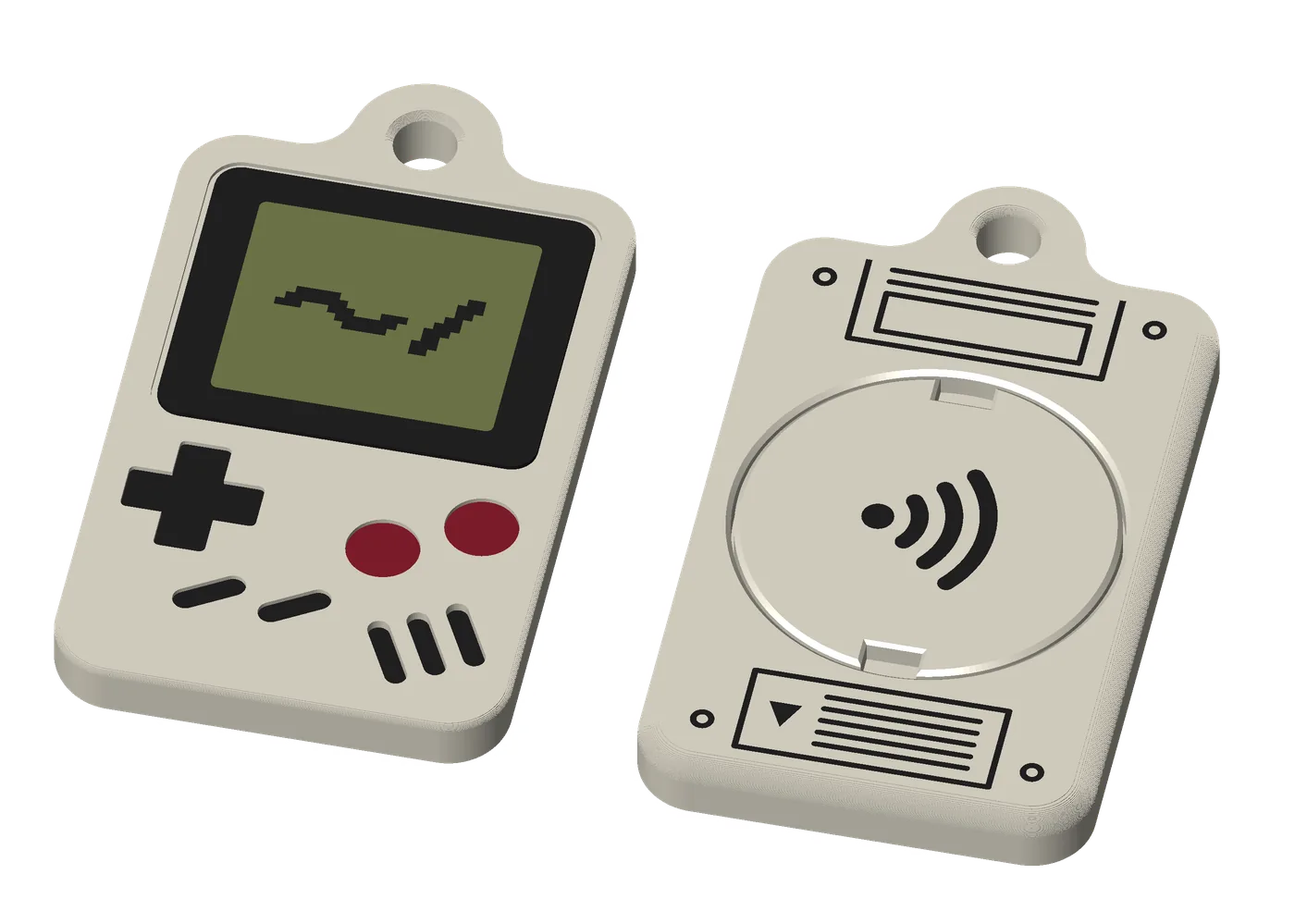 The Retro handheld, Premium, large size: its front, a screen, a D-pad and buttons, and its back, the back's details printed in the bezel's color.