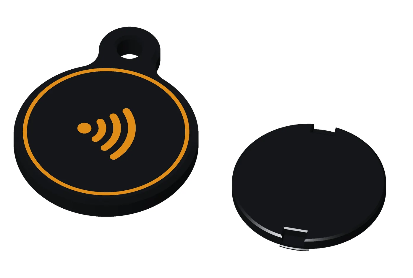 A premium coin, orange on black: both pieces, the front and the back.