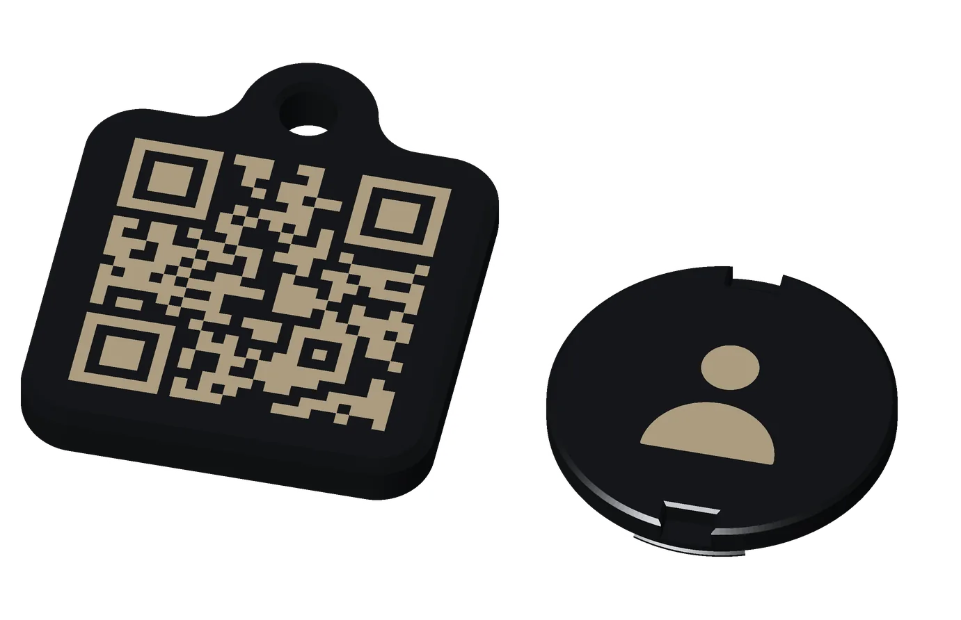 A premium tag, khaki on black: both pieces, the front and the back.
