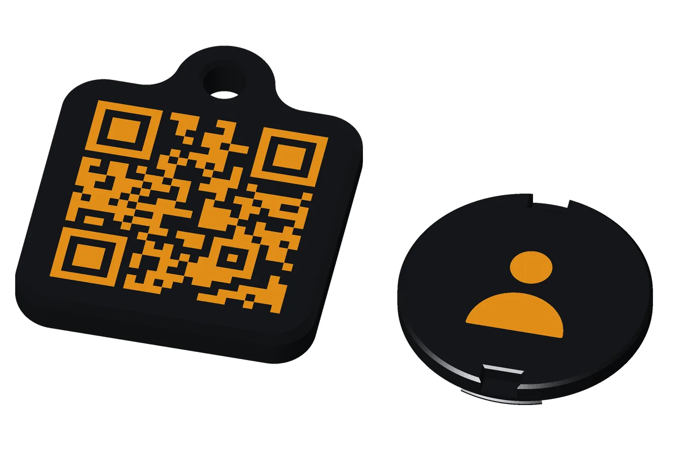 A premium tag, orange on black: both pieces, the front and the back.