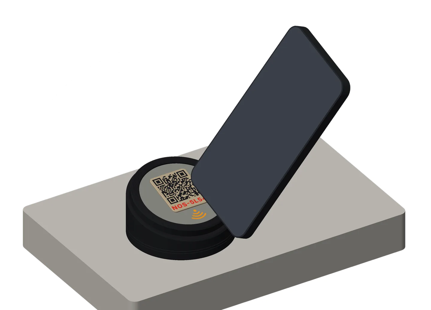 The Tilde Stand with its Wi-Fi top on a kitchen counter: a black turned stand, its tilted gray face holding a khaki Wi-Fi code label and an orange Wi-Fi icon, and a phone tapping the icon to join the network.