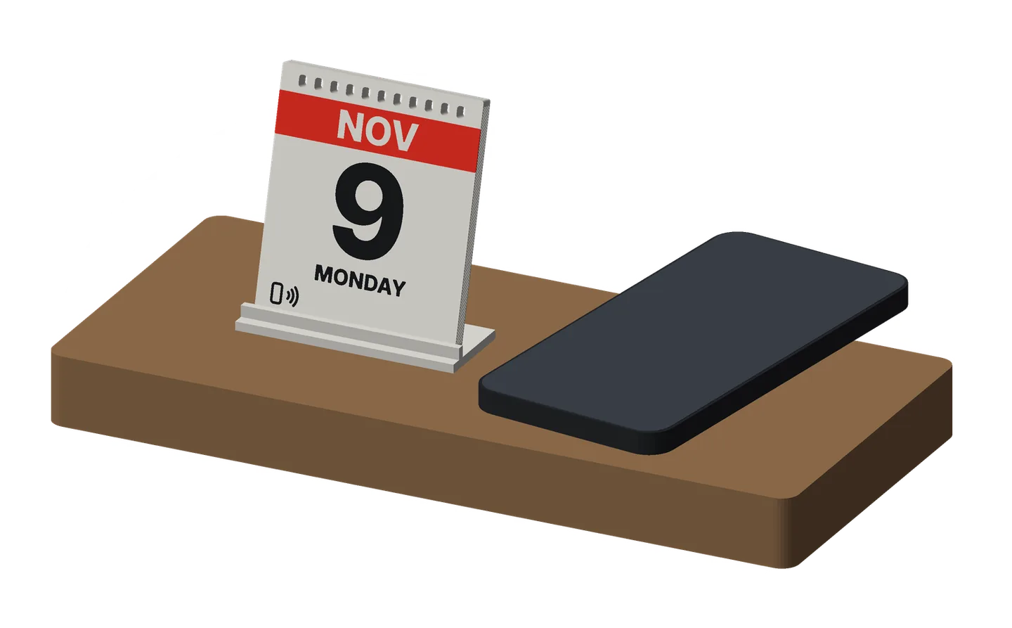 A tear-off desk calendar page in a white cradle on an oak desk beside a phone: a row of binding holes, a red NOV header, a big black 9 and MONDAY, and a small tap icon at the bottom left.