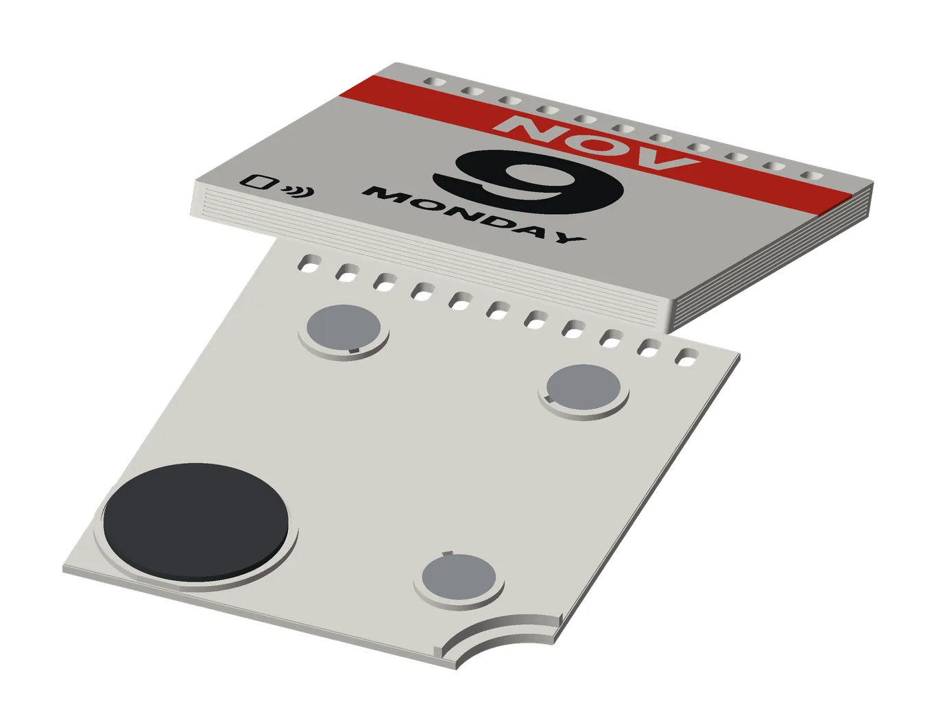 The calendar page opened: its face lifted off the back, the binding holes through both, and in the back three round magnets and a black NFC sticker in their wells, a curved notch at one corner.