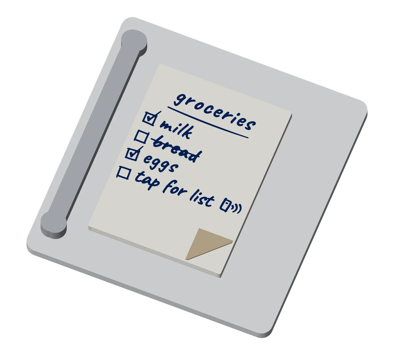 A white grocery list on a pale fridge door: "groceries" handwritten in navy and underlined, milk and eggs ticked, bread crossed out, and a last row reading "tap for list" with a hand-drawn tap icon; its corner folded over in khaki.
