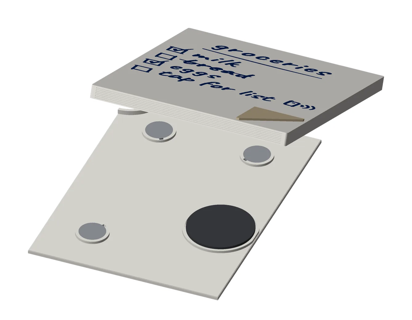 The white grocery list opened: its handwritten face lifted off the back, and in the back three round magnets and a black NFC sticker in their wells, a curved notch at one corner for lifting it apart.
