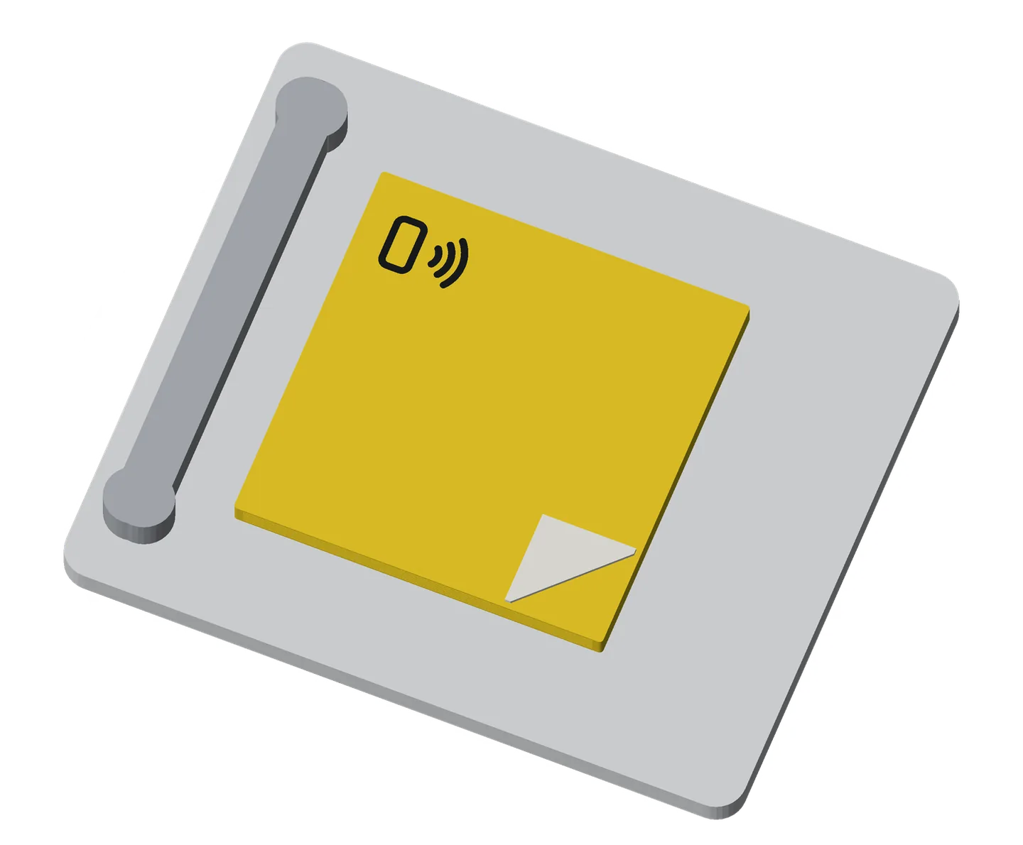A yellow sticky note on a pale fridge door beside its handle: a black tap icon at its top left, its bottom right corner folded over in white.