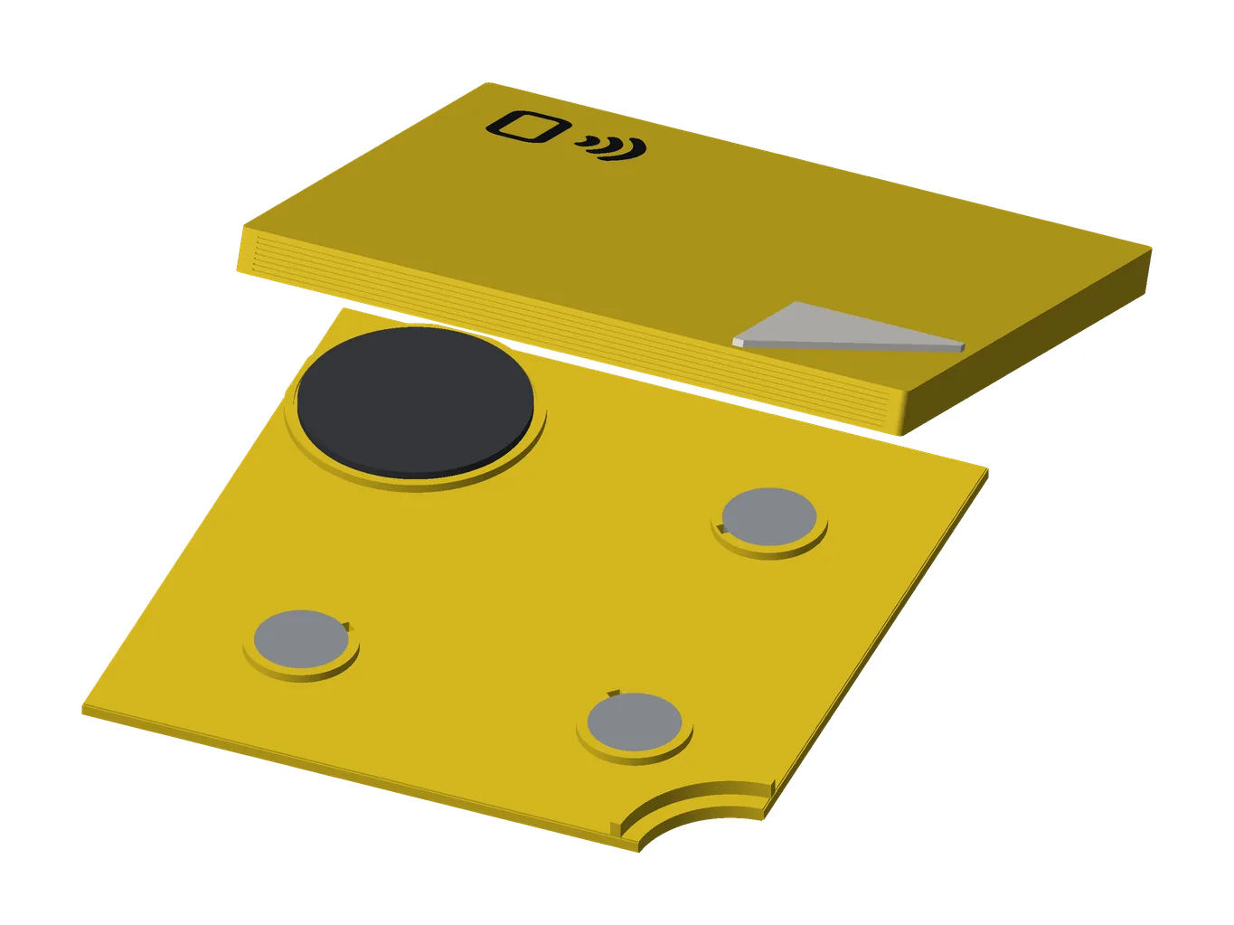 The yellow sticky note opened: its face lifted off the back, and in the back three round magnets and a black NFC sticker in their wells, a curved notch at one corner for lifting it apart.