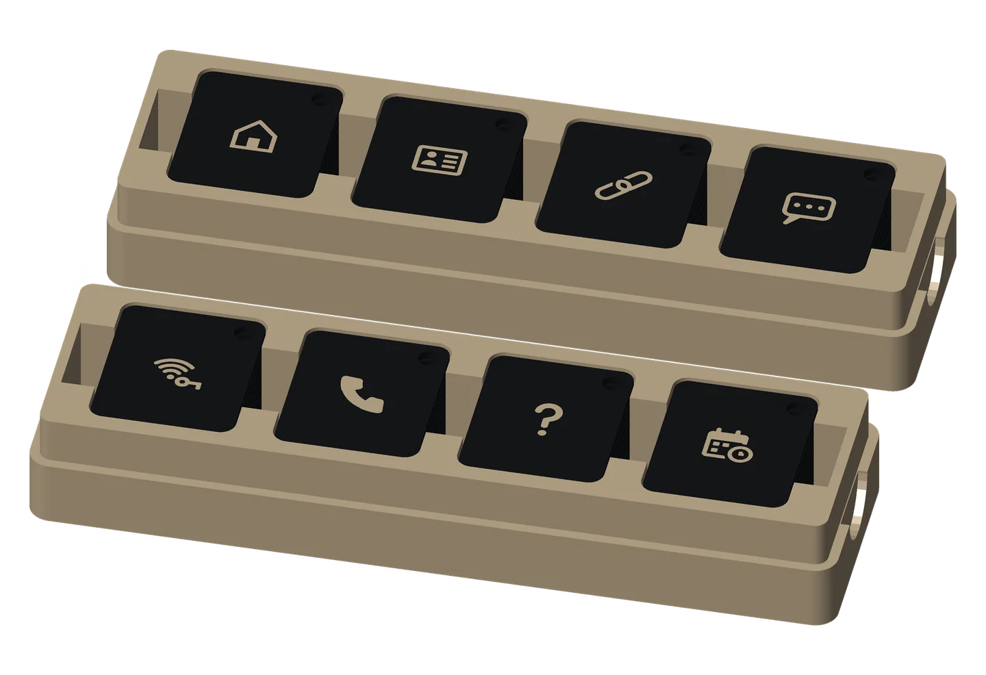The two giveaway boxes open, ten base tags in each stack, icons up. Box 1: Family (a house), Contact card, Link and chat. Box 2: Guest Wi-Fi (Wi-Fi password), Share your number (a handset), Lost item (Found it?) and Book a meeting (booking).