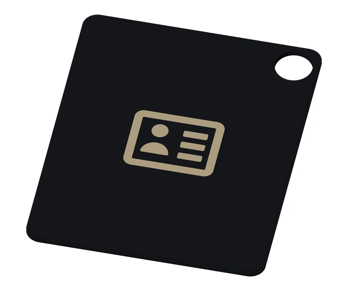 The Contact card tag from the giveaway box, khaki on black.