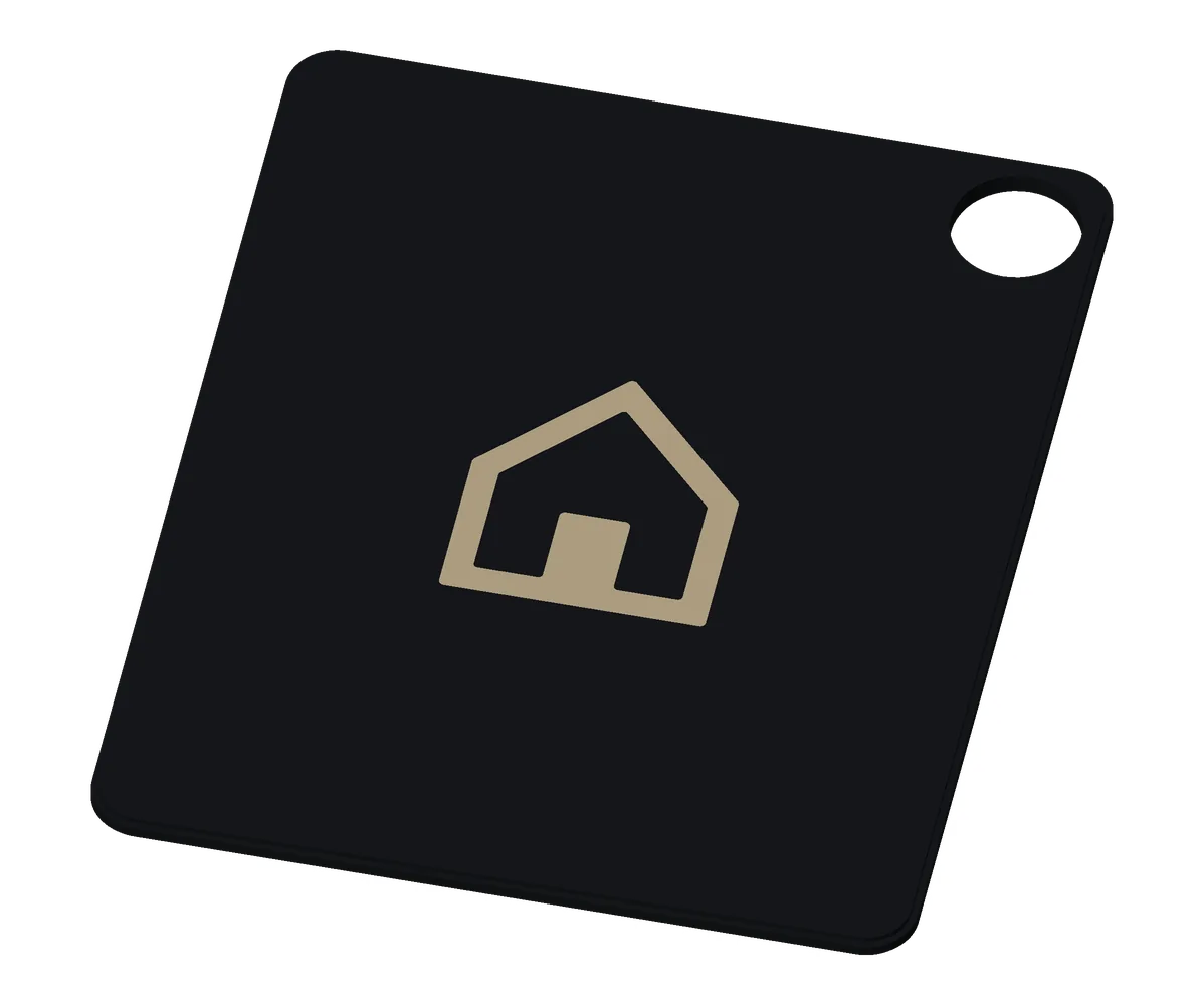 The Family tag from the giveaway box, khaki on black.