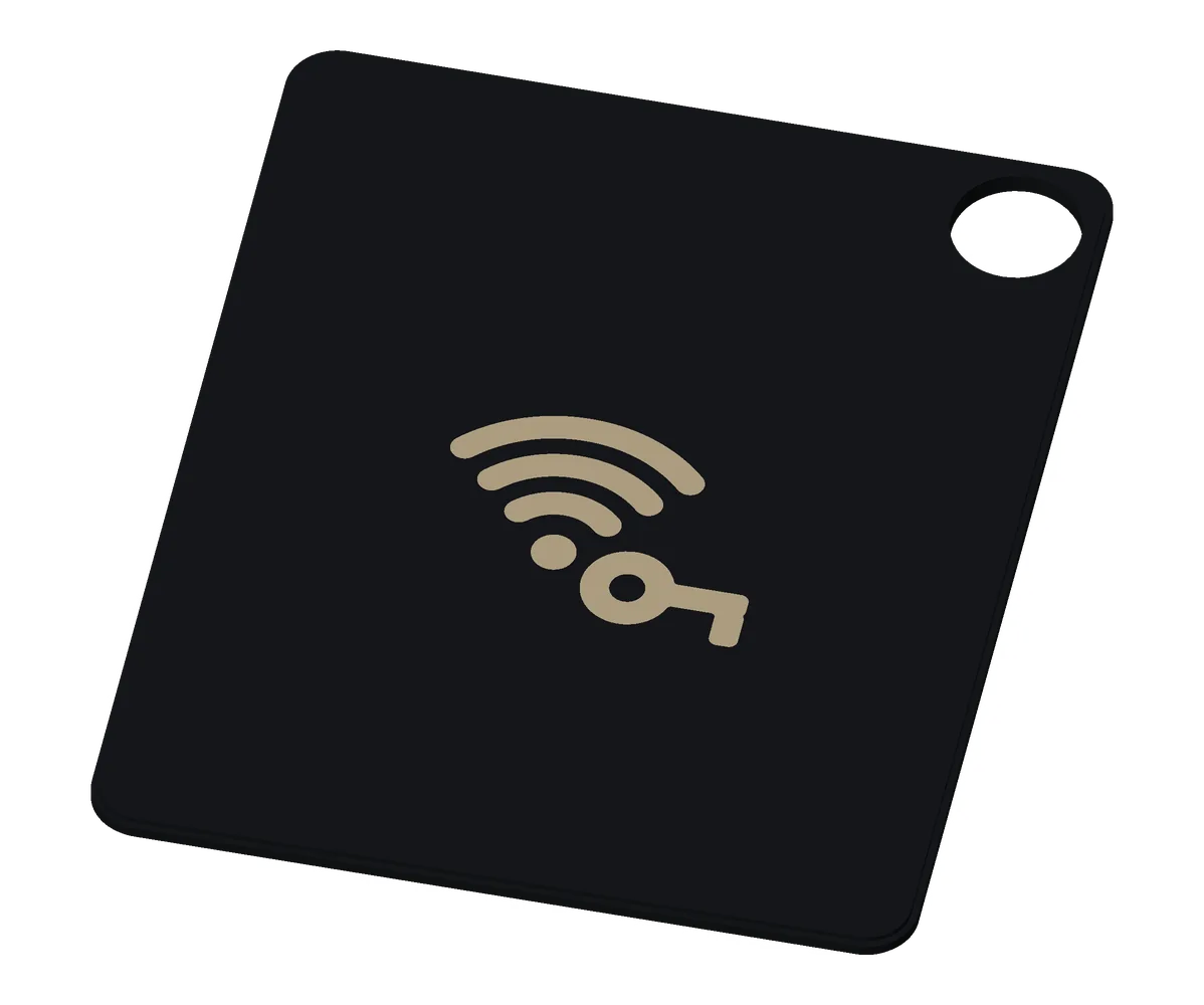 The Guest Wi-Fi tag from the giveaway box, khaki on black.