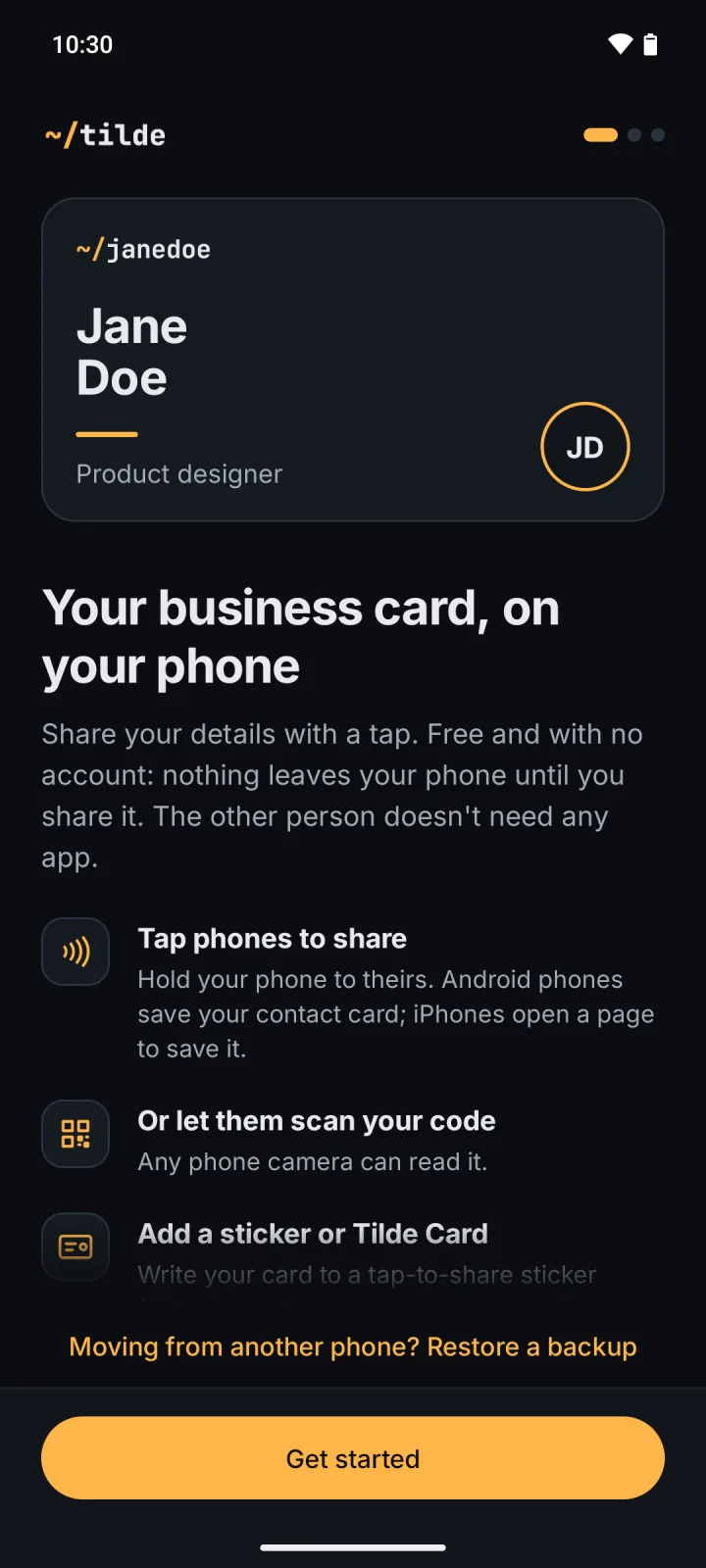 First run, screen 1: "Your business card, on your phone": tap, scan, stickers; Restore a backup