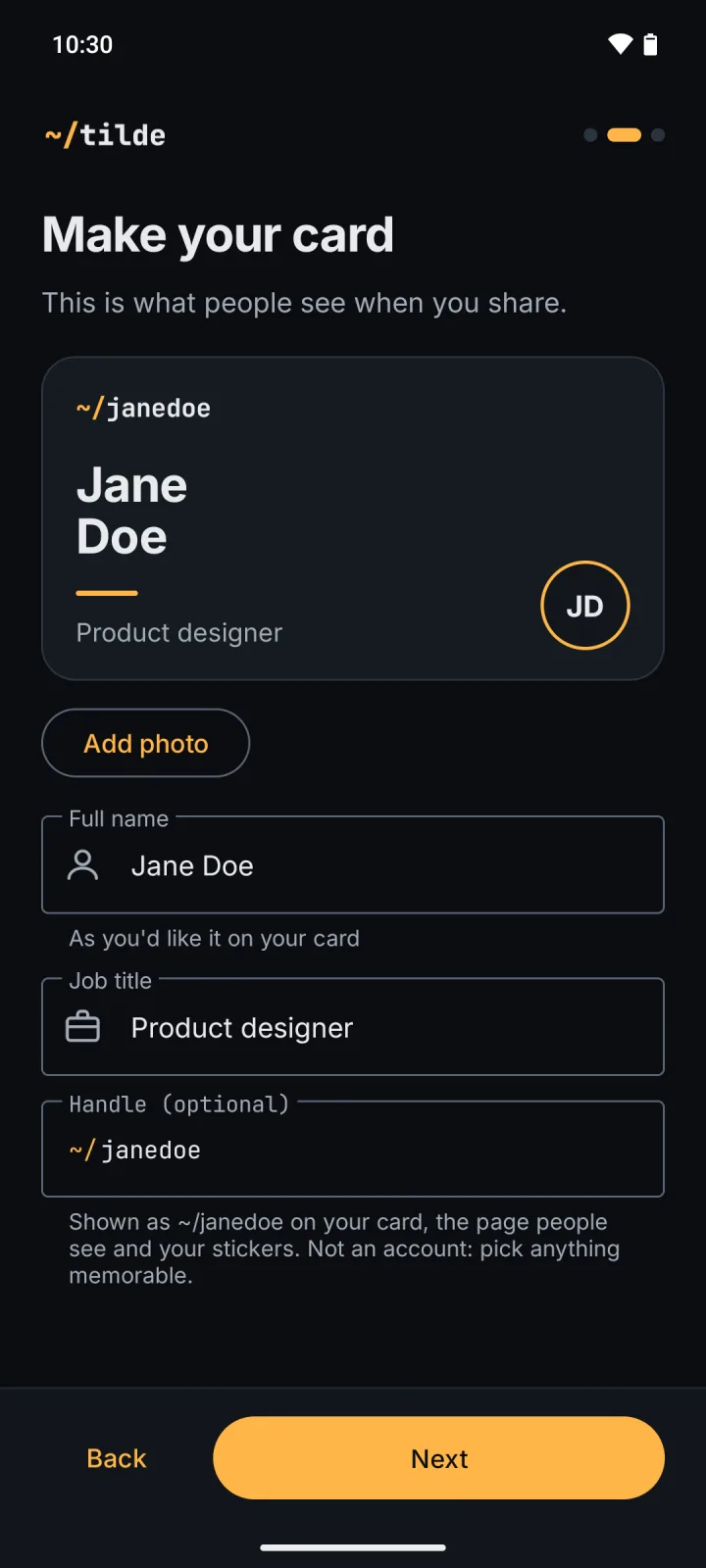 Make your card: name and job title typed; the preview updates
