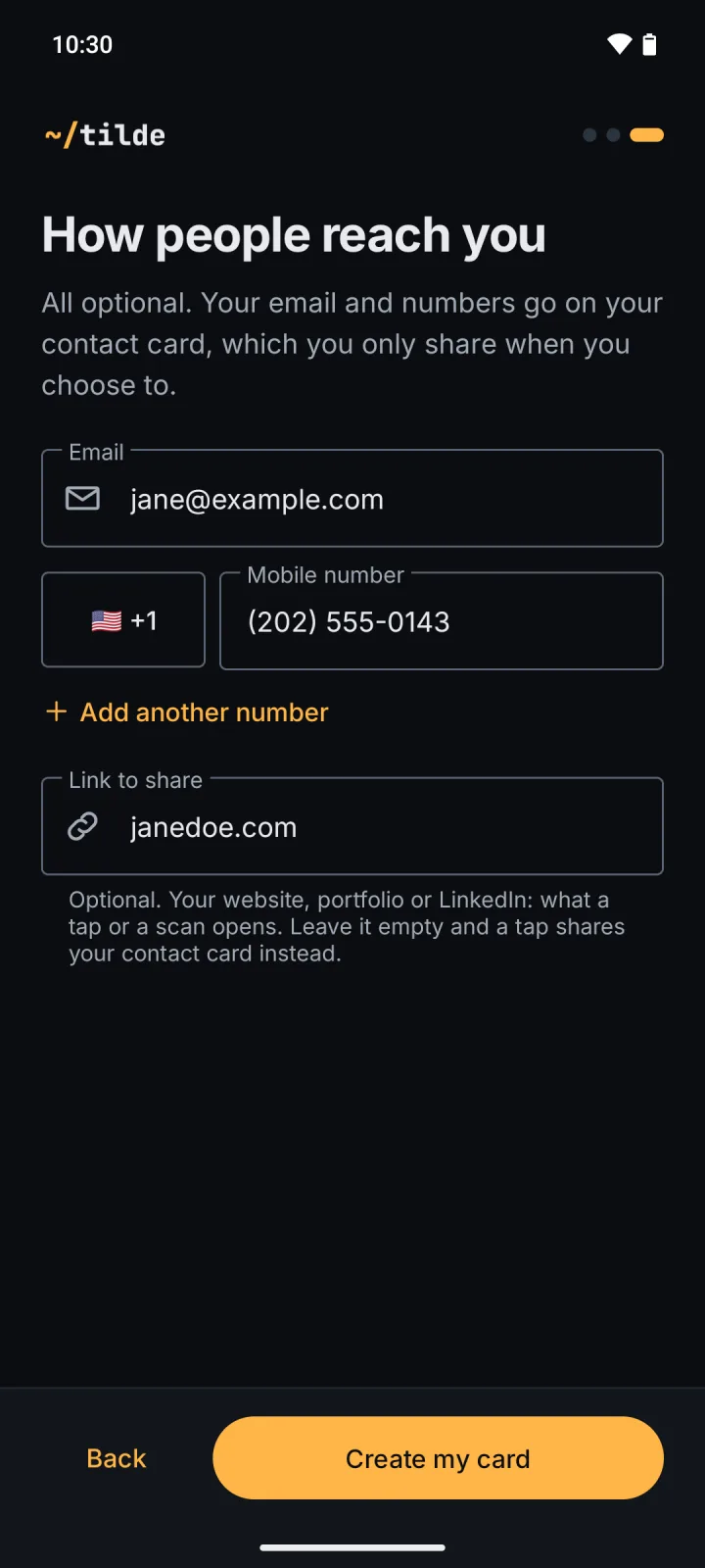 How people reach you: email, mobile, Link to share (all optional)