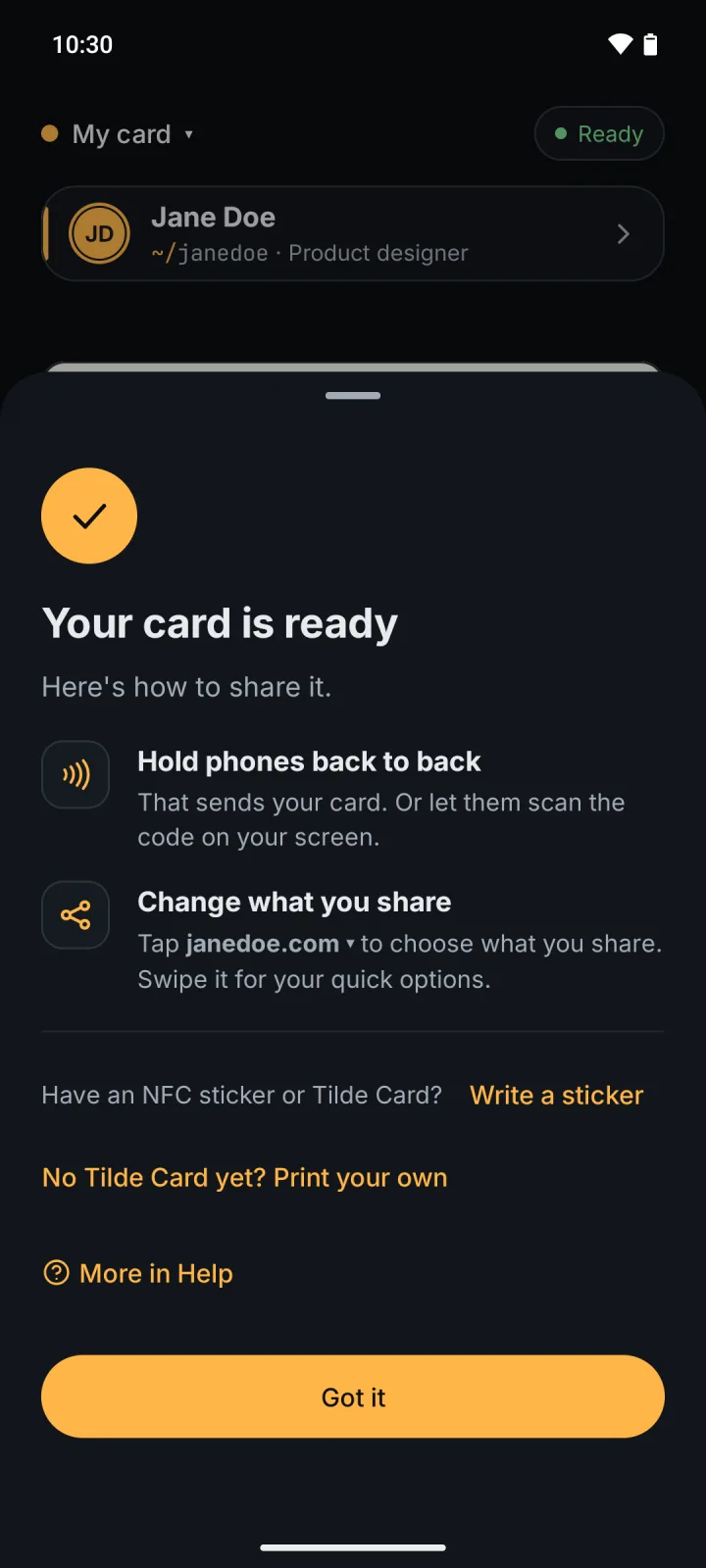 Your card is ready: how to share, and Write a sticker right there