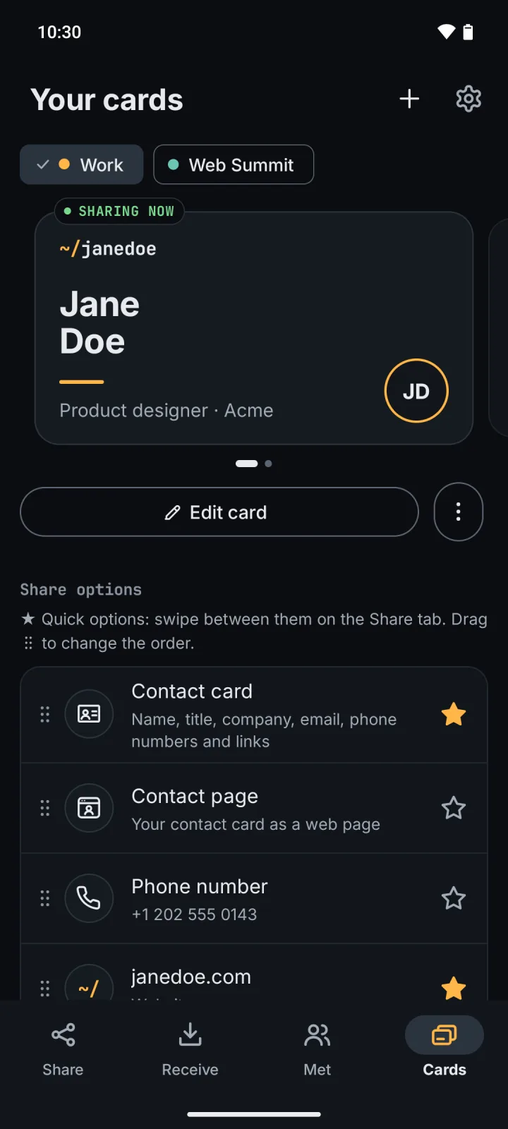 The Cards tab: Jane's two cards (Work, Web Summit), Edit card, the start of Share options