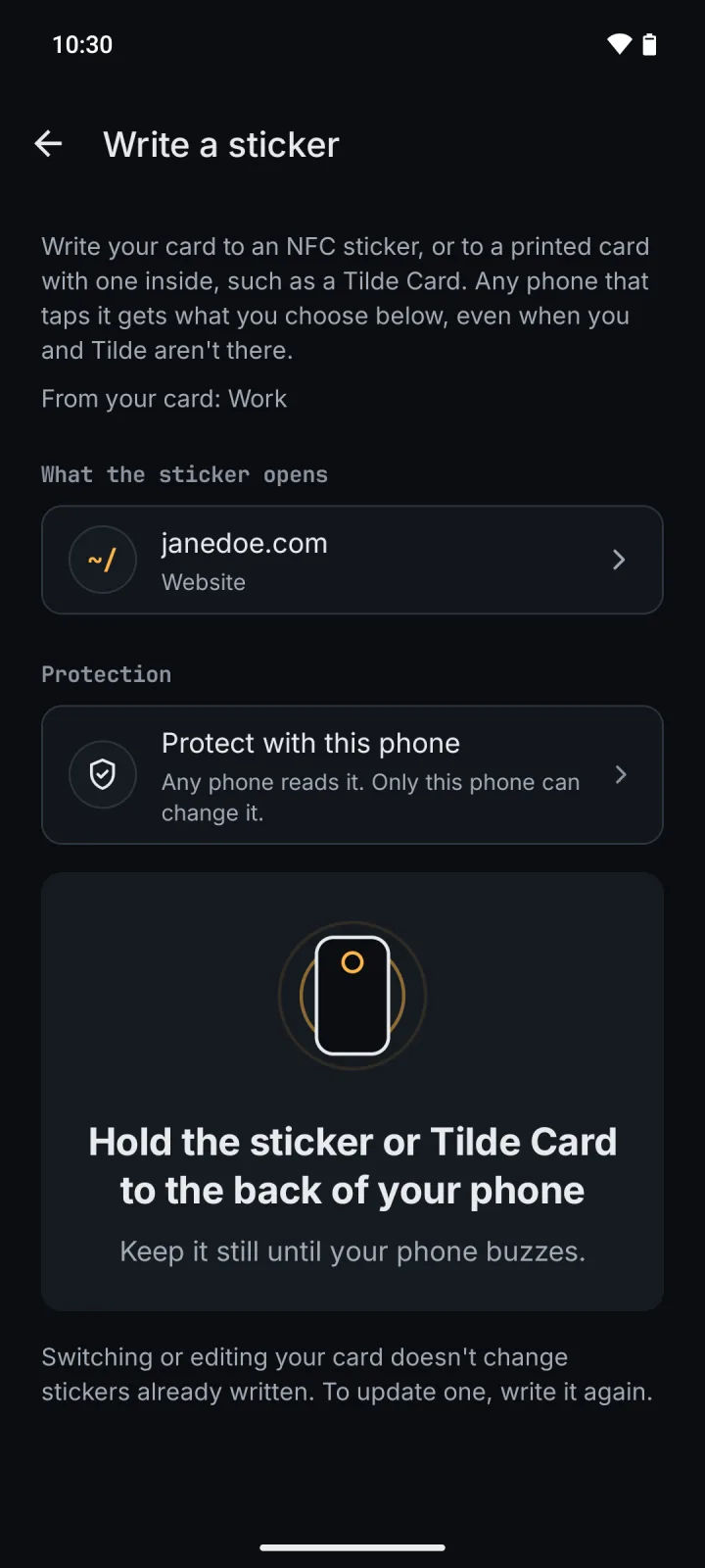Write a sticker: what it opens (janedoe.com), Protect with this phone, "Hold the sticker … to the back of your phone"